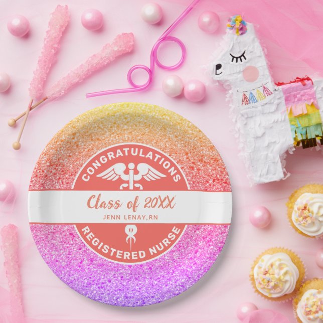 Rainbow-Glitzer-Monogramm für die Nurse-RN-Graduat Pappteller (Party)