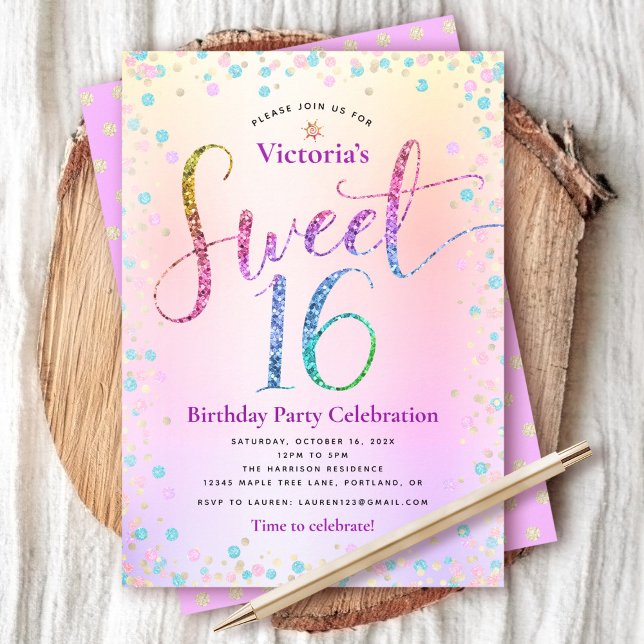 Rainbow Glitzer Ombre Script Sweet 16 Birthday Einladung (Von Creator hochgeladen)