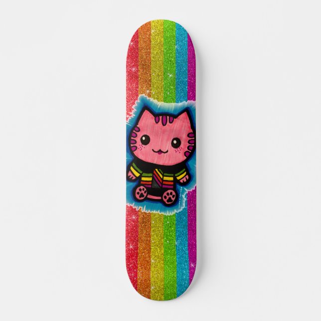Rainbow Glitzer Pink Kitty Cat Optical Illusion Sk Skateboard (Vorne)
