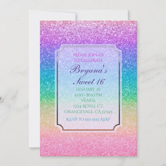 Rainbow Glitzer Sparkle Glam Party Einladungen (Vorderseite)