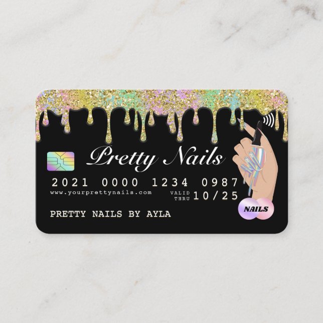 Rainbow Glitzer Tropfen Holographic Nail Tech Cred Visitenkarte (Vorderseite)