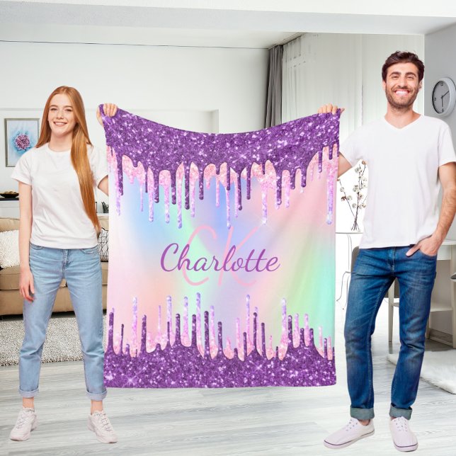 Rainbow-Glitzer-Tropfen lila rosa Monogramm-Skript Fleecedecke (Von Creator hochgeladen)