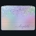 Rainbow Glitzer Tropfen Personalisiert iPad Air Hülle<br><div class="desc">Niedliche,  gürtelförmige Abdeckung mit einem Regenbogen aus rosa,  lila,  blauen und grünen Imitaten,  der Glitzer in einem lila,  rosa,  blauen,  grünen und gelben Hintergrund abtropft. Personalisieren Sie mit Ihrem Namen in einem stilvollen lila Skript mit Swashes.</div>