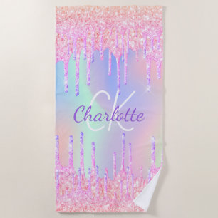 Rainbow Glitzer Tropfen rosa Monogramm Strandtuch