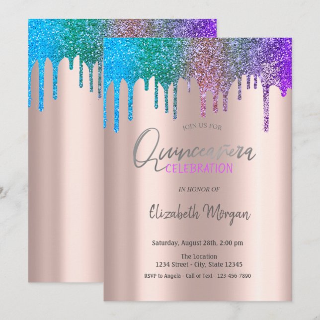 Rainbow Glitzer Tropfen Rose Gold Quinceañera Einladung (Vorne/Hinten)