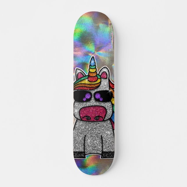 Rainbow Glitzer Unicorn Funkelnd Chrome Holographi Skateboard (Vorne)