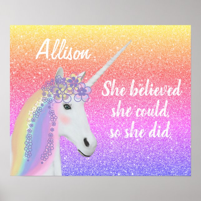 Rainbow Glitzer Unicorn Girls Personalisiert Poster (Vorne)