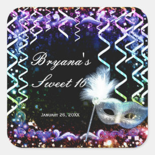 Rainbow Glow Masquerade Mask Birthday Party Quadratischer Aufkleber