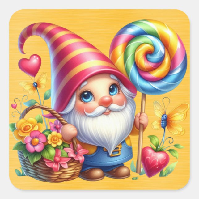 Rainbow Gnome Blume Basket Candy Quadratischer Aufkleber (Vorderseite)
