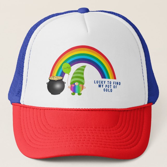 Rainbow Gnome Pot of Gold St Paddys Day Lucky Truckerkappe (Vorderseite)
