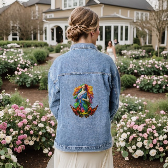 Rainbow Goddess Schmetterlinge digitale Malkunst Jeansjacke (Hochzeit Rückseite)