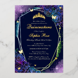 Rainbow Gold Butterfly Floral Quinceanera Folieneinladung