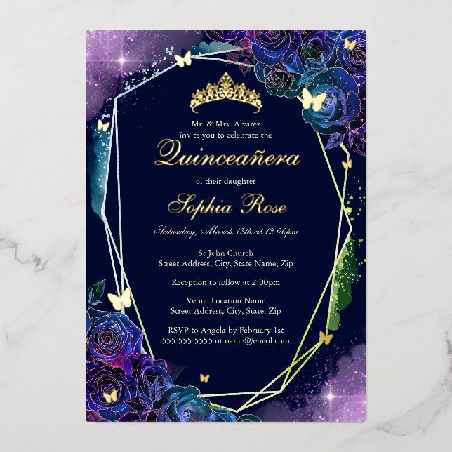 Rainbow Gold Butterfly Floral Quinceanera Folieneinladung (Vorderseite)