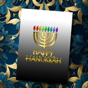 Rainbow Gold Menorah Flames Happy Hanukkah Card Feiertagskarte