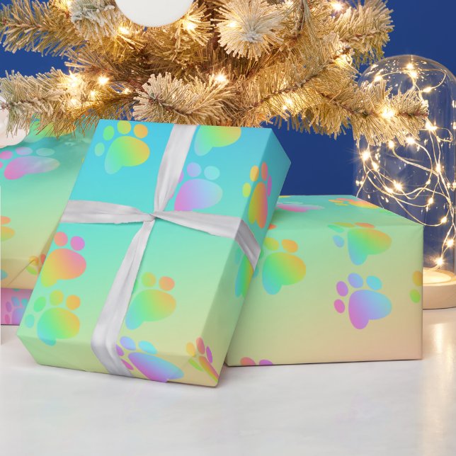Rainbow Gradient Paw Prints Wrapping Paper Geschenkpapier (Feiertage)