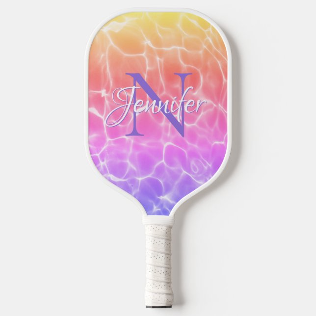 Rainbow Gradient Swimming Pool Foto Chic Monogramm Pickleball Schläger (Vorderseite)