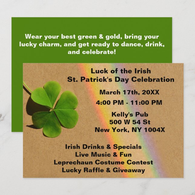 Rainbow & Green Clover Drink Irish Einladung (Vorne/Hinten)