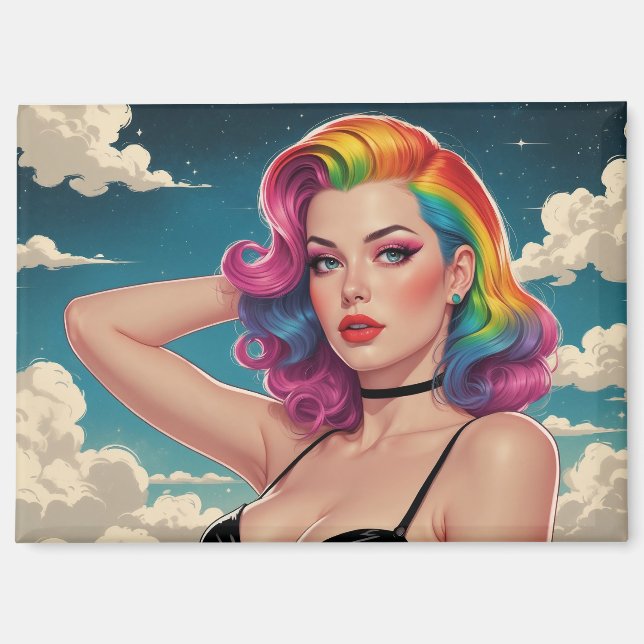 Rainbow Hair Button-Up Cloud Hintergrund Magnet (Vorderseite)