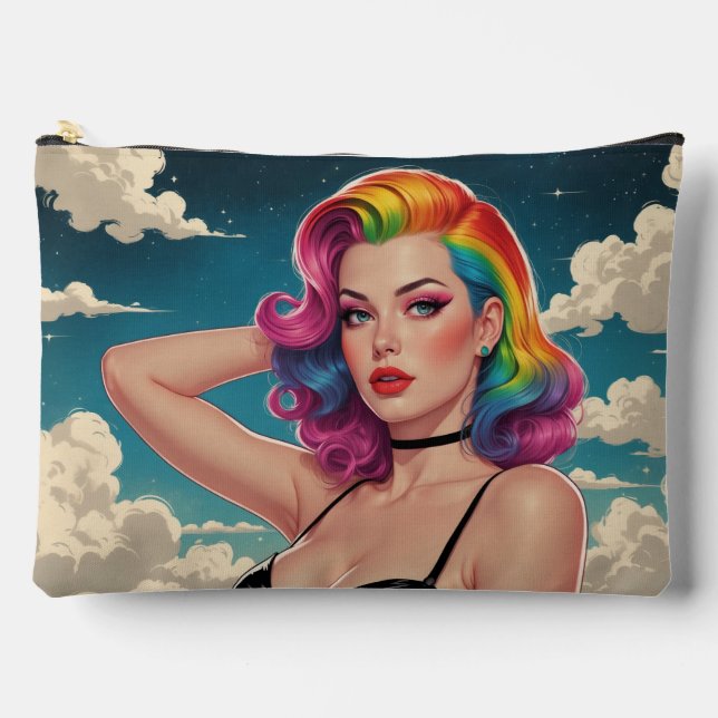 Rainbow Hair Button-Up Cloud Hintergrund Zubehörtasche (Vorderseite)