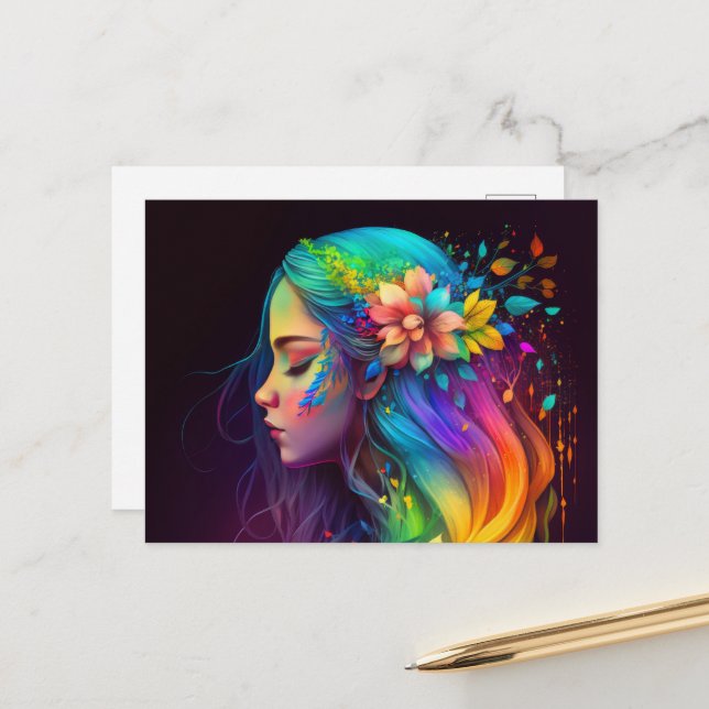 Rainbow Hair Girl Postkarte (Vorderseite/Rückseite Beispiel)
