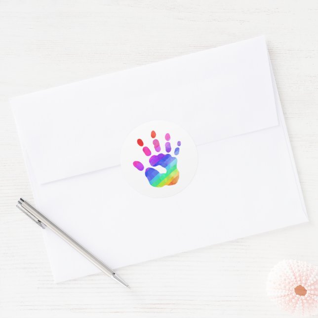 Rainbow Handprint Wasserfarbe Kunst Kinder Spaß Runder Aufkleber (Umschlag)