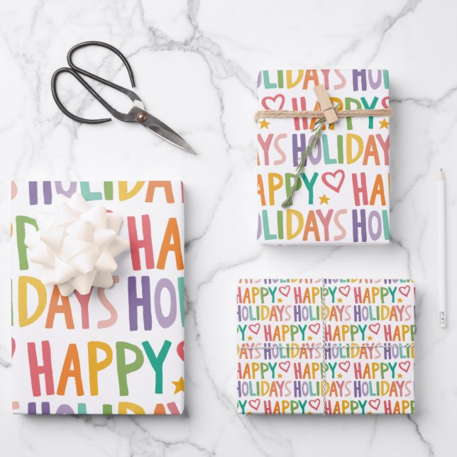 Rainbow HAPPY HOLIDAYS HandGezeichnet Weihnachtsfe Geschenkpapier Set (Vorderseite)