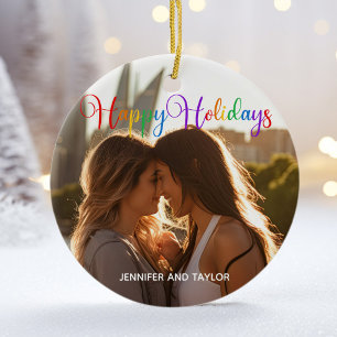 Rainbow Happy Holidays LGBTQ Foto Keramik Ornament
