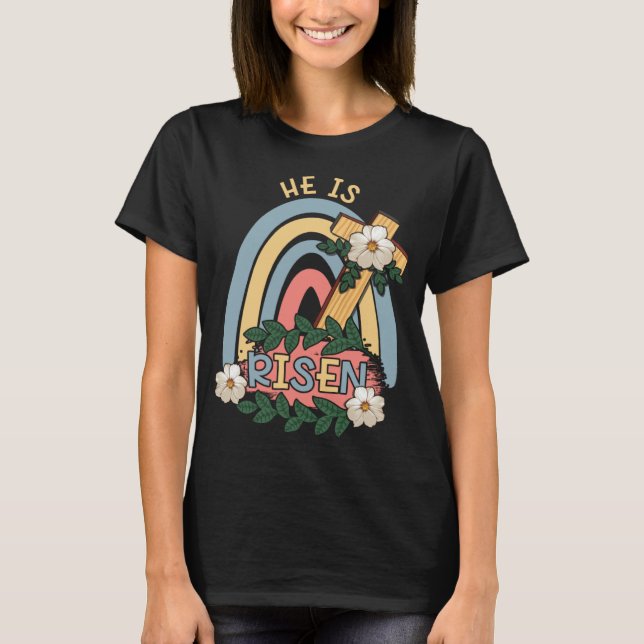 Rainbow He Risen Religous Easter Sunday Christ Cro T-Shirt (Vorderseite)