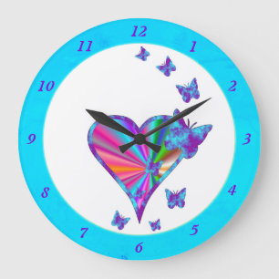 Rainbow Heart and Butterfly Große Wanduhr
