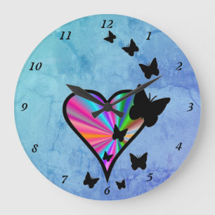 Rainbow Heart and Butterfly Große Wanduhr