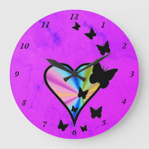 Rainbow Heart and Butterfly Große Wanduhr