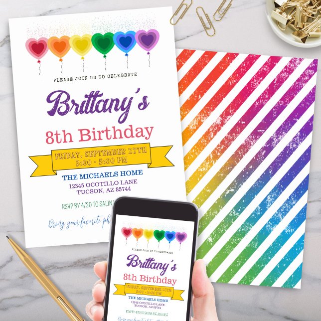 Rainbow Heart Balloons Girly Birthday Party Einladung (Fun rainbow colored heart shaped balloons birthday party invitation for birthday celebration)