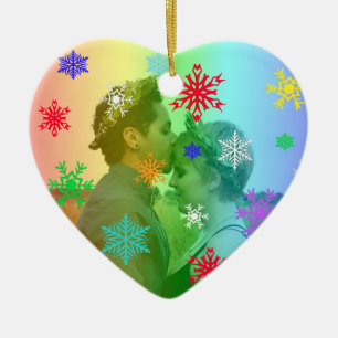 Rainbow Heart Foto Snowflakes Christmas LGBTQ Keramik Ornament