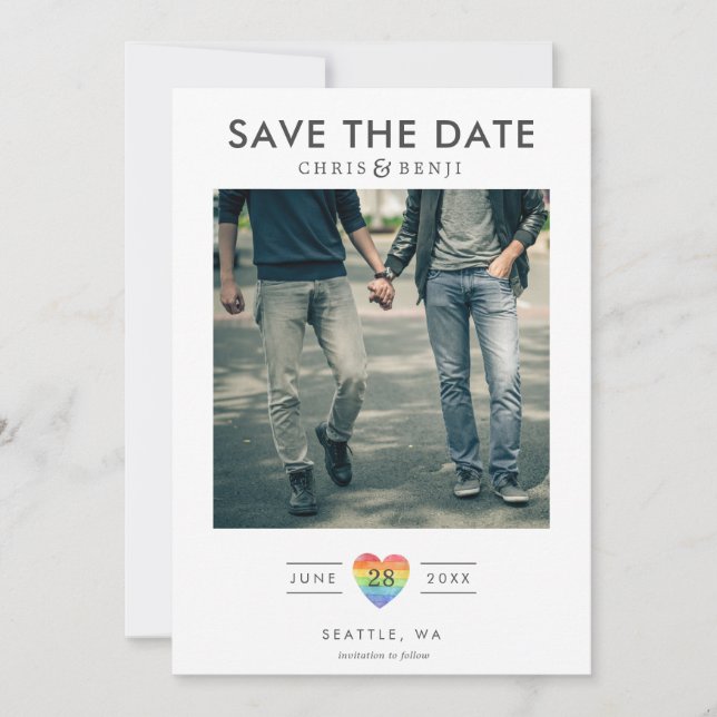 Rainbow Heart LGBTQ Save the Date mit Foto (Vorderseite)