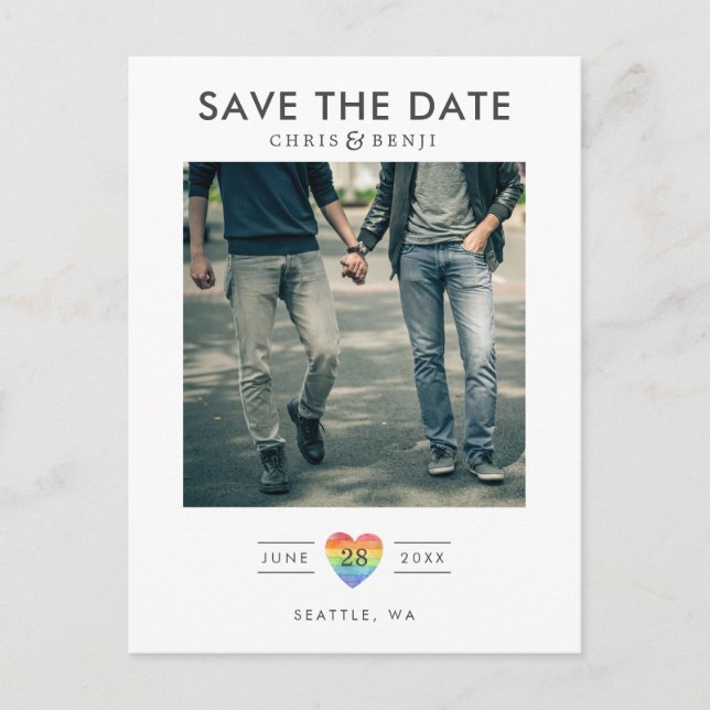 Rainbow Heart LGBTQ Save the Date mit Foto Postkarte (Vorderseite)