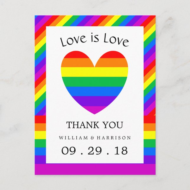 Rainbow Heart Liebe ist Liebe Hochzeit Vielen Dank Postkarte (Vorderseite)