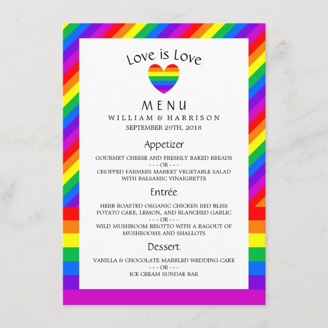 Rainbow Heart Liebe ist Liebe Wedding Menu Menükarte (Vorderseite)
