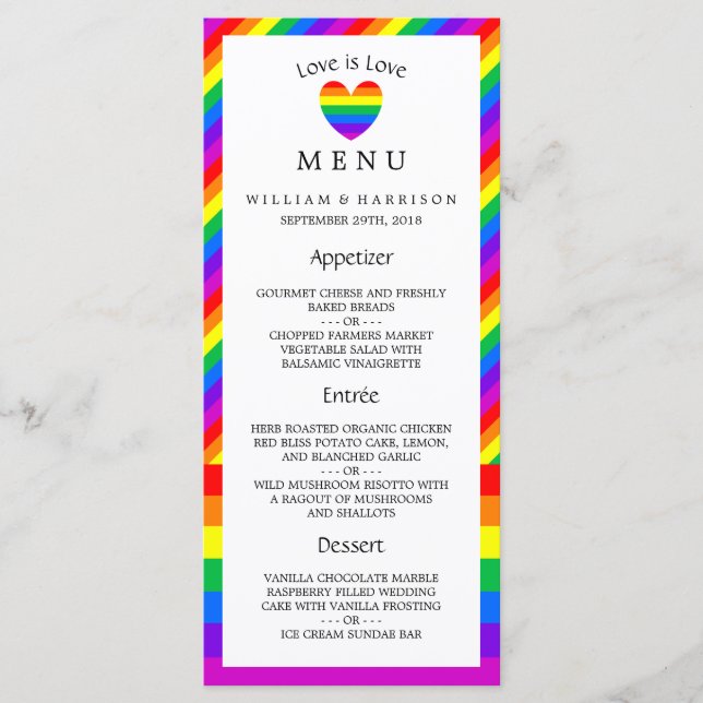 Rainbow Heart Liebe ist Liebe Wedding Menu Menükarte (Vorderseite)