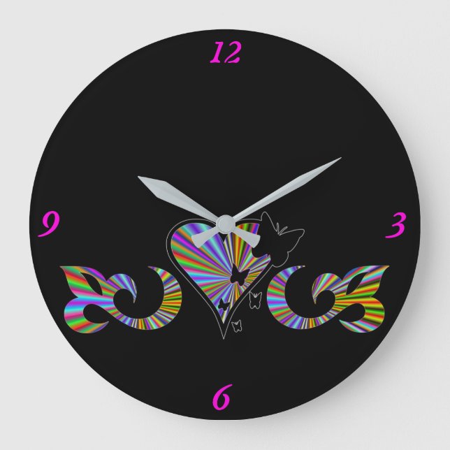 Rainbow Heart Lily and Butterfly Große Wanduhr (Vorderseite)