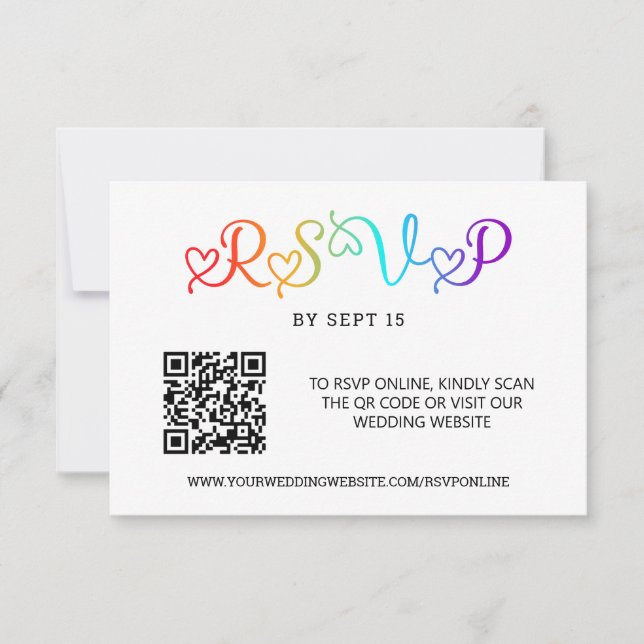 Rainbow Heart Script LGBT Wedding QR Code RSVP Karte (Vorderseite)