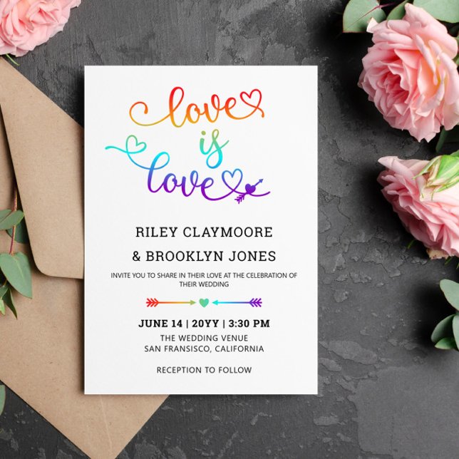 Rainbow Heart Script Liebe is Liebe LGBT Wedding Einladung (Von Creator hochgeladen)