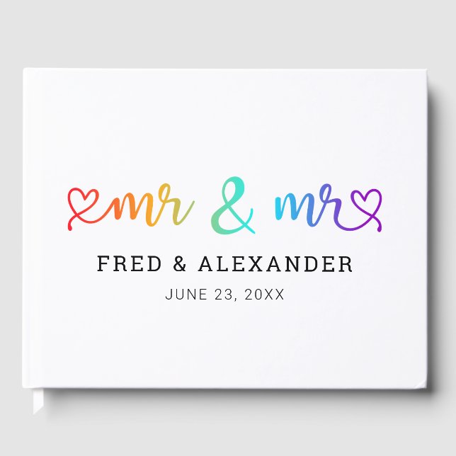 Rainbow Heart Script Mr & Mr. Gay Wedding Gästebuch (Vorderseite)