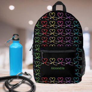 Rainbow Heart Stethoscope Monogram Bedruckter Rucksack