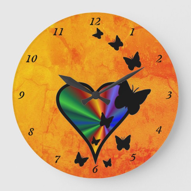 Rainbow Heart und Butterfly Große Wanduhr (Vorderseite)