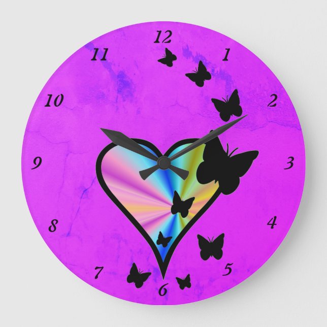 Rainbow Heart und Butterfly Große Wanduhr (Vorderseite)