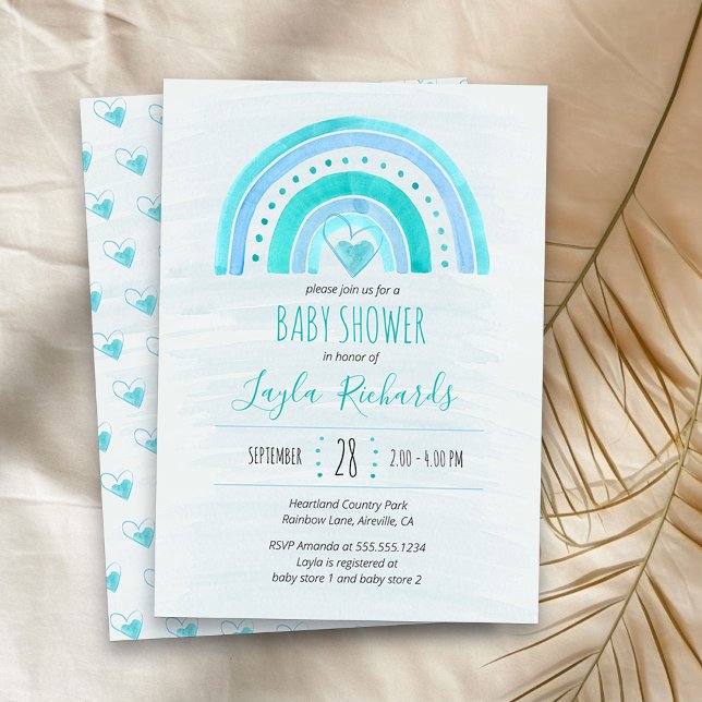 Rainbow Heart Watercolor Wash Blue Baby Dusche Einladung (Blue Rainbow boy baby shower  invitation)