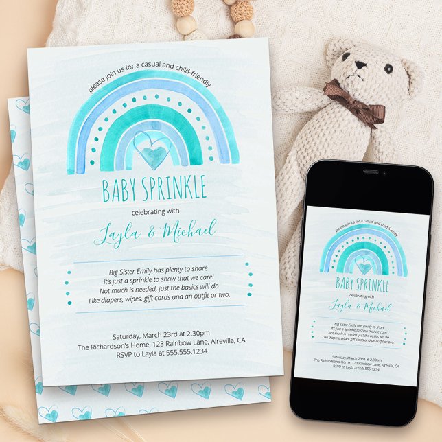 Rainbow Heart Watercolor Wash Blue Baby Sprinkle Einladung (cute and simple rainbow and love hearts boys Baby Sprinkle invitation)