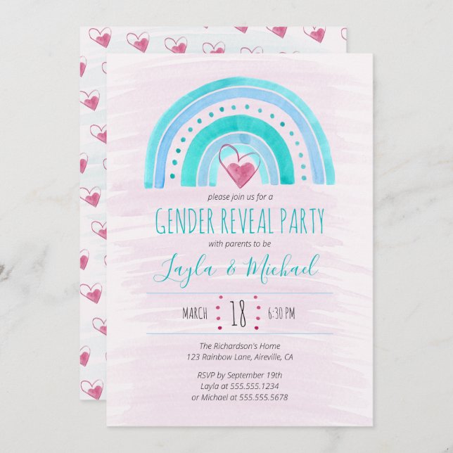 Rainbow Heart Watercolor Wash Gender Reveal Einladung (Vorne/Hinten)