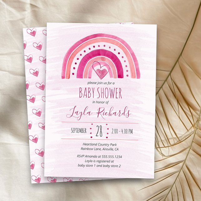 Rainbow Heart Watercolor Wash Pink Baby Dusche Einladung (Pink Rainbow girl baby shower  invitation)