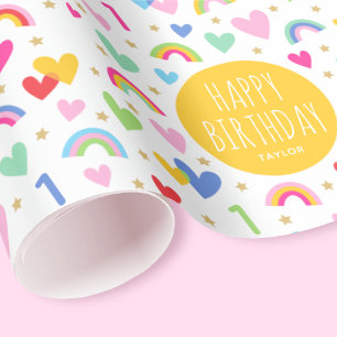 Rainbow Hearts 1. Geburtstag Individuelle Name Gel Geschenkpapier